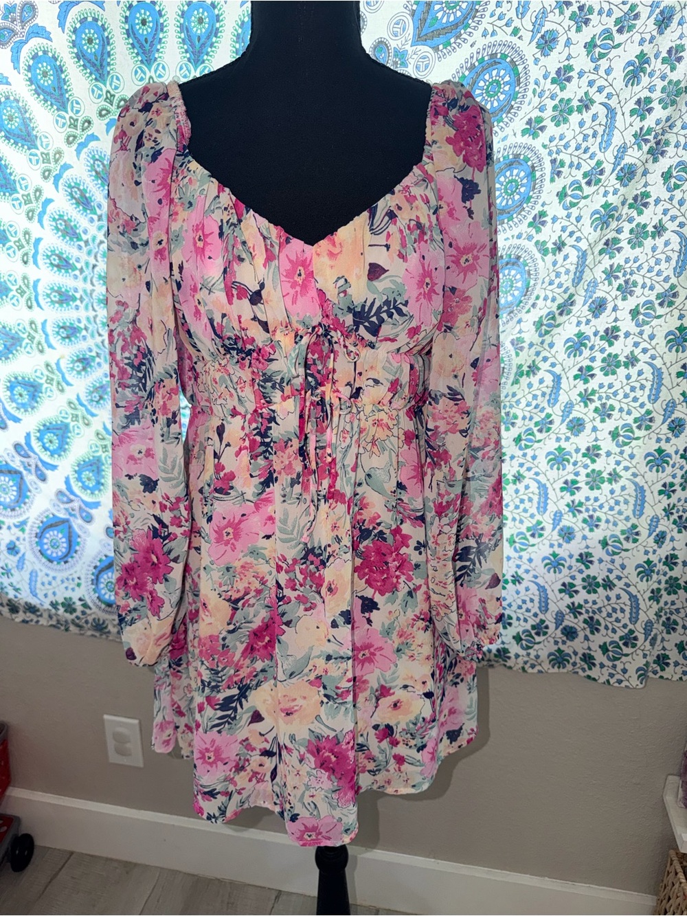 Floral Drawstring Empire Waist Peasant Top - Pink Or Mini Dress